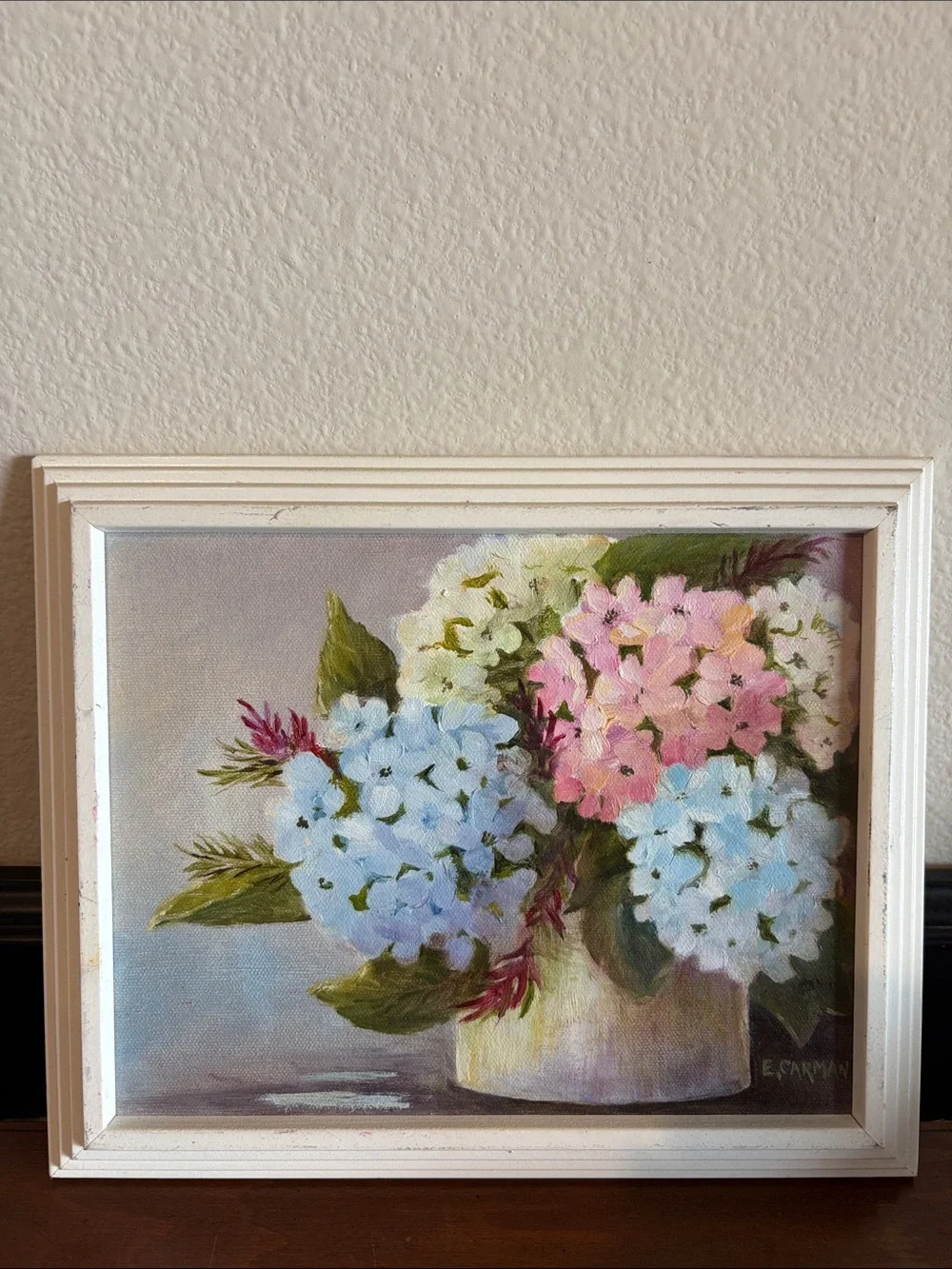 Hand painted Pink and Blue Hydrangea Flowers in pot Framed white trim 11
